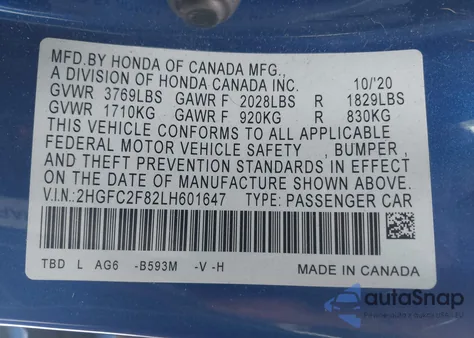 2020 Honda Civic Sport z USA, uszkodzony, nr VIN 2HGFC2F82LH601647